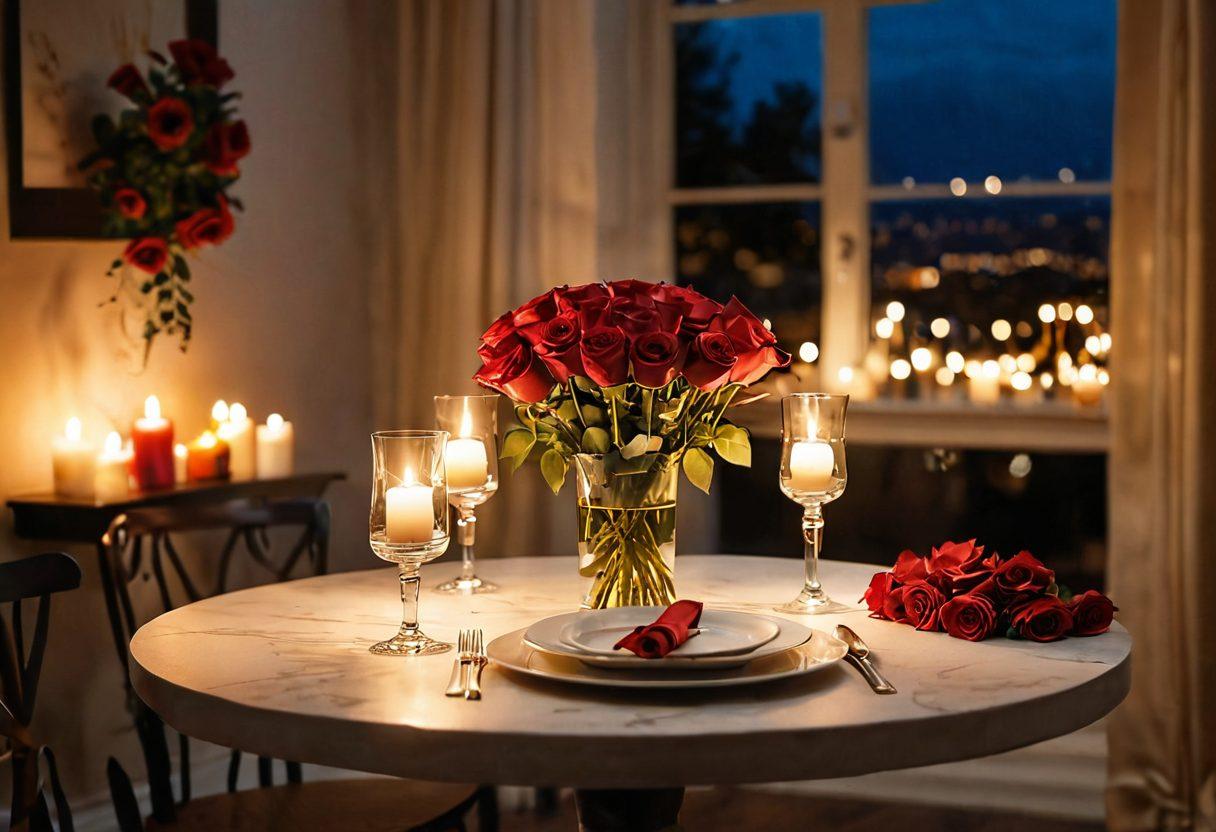 A dreamy, candle-lit setting featuring a elegantly set table for two, adorned with red roses and soft, glowing fairy lights. In the background, a soft embrace of warm hues creates an ambiance of intimacy, enhancing the romantic atmosphere. Include hints of passion, such as a bottle of wine and two glasses, while subtle shadows dance around the scene to evoke desire. soft-focus effect, warm color palette, super-realistic.