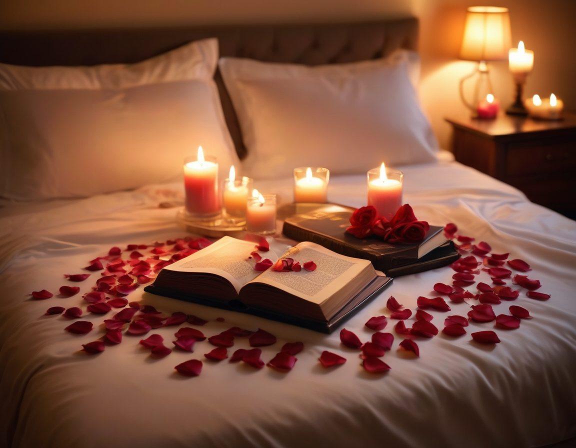 An intimate setting featuring a softly lit bedroom with silky sheets, a couple sharing a passionate moment, surrounded by scented candles and rose petals. A book of erotic narratives is open on the bedside table, with playful illustrations peeking through its pages. The ambiance radiates warmth and desire, inviting exploration and connection. soft lighting. romantic atmosphere. high-definition.