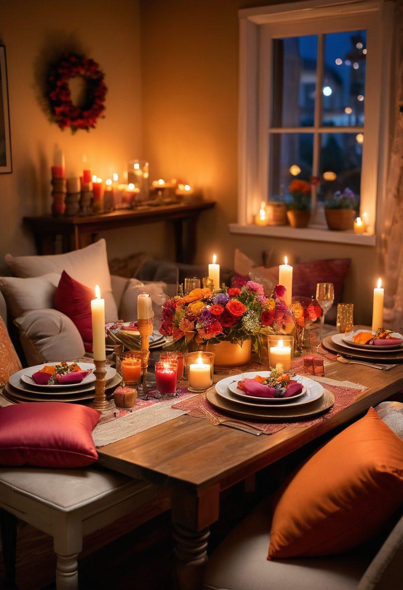 A cozy, warmly lit room filled with a romantic setting, featuring a beautifully set dining table adorned with colorful spices and flowers. Soft pillows and candles create a dreamy atmosphere, while an inviting dessert spread tempts the viewer. Subtle hints of intimacy in the air, with a couple laughing and enjoying each other's company in the background. vibrant colors. soft lighting. romantic style.
